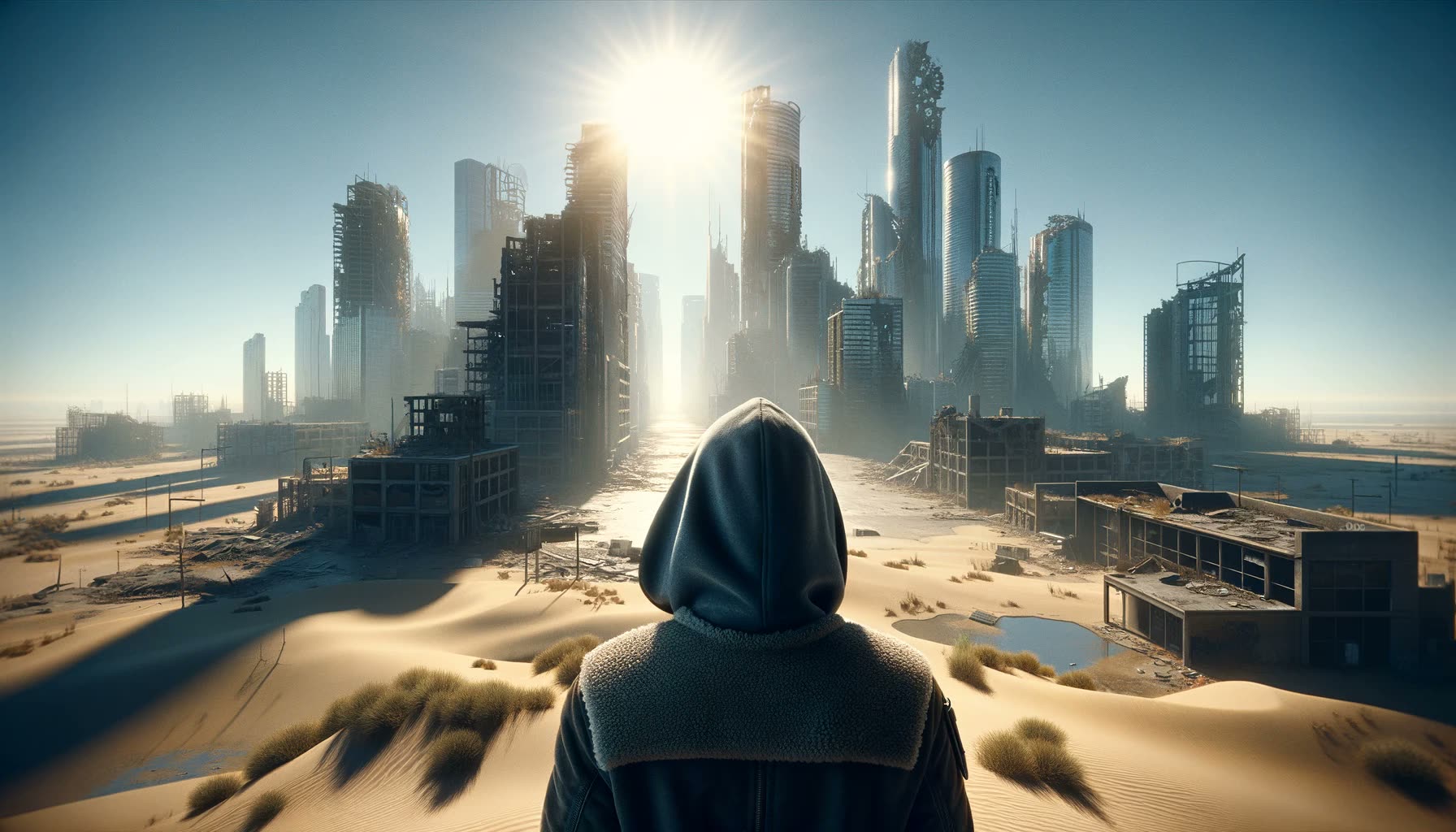 A hooded figure on a sand dune faces a ruined city under a blazing sun.